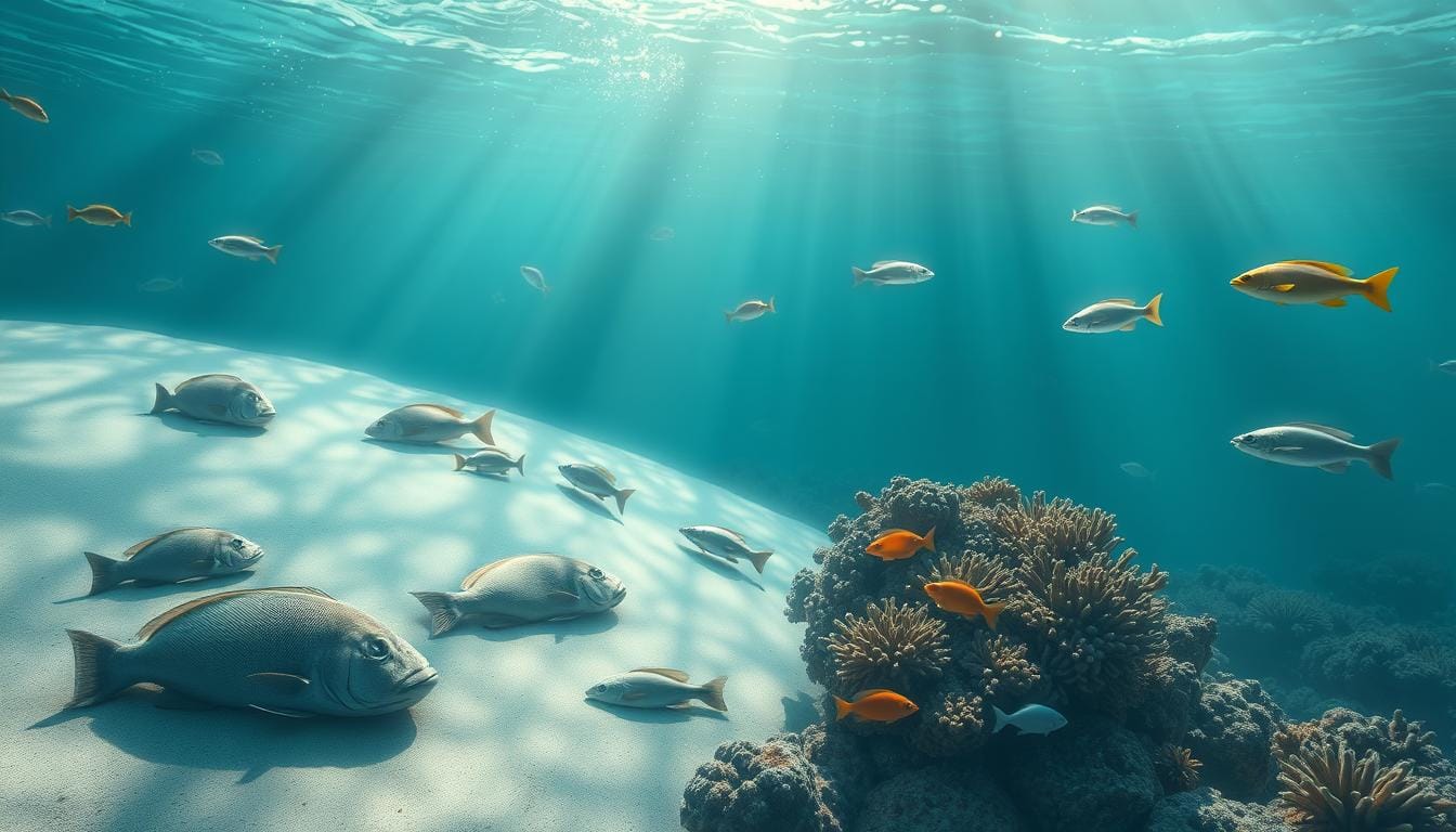 011 A serene underwater scene depicting various species of fish in different stages of sleep, showcasing their unique sleeping habits; some resting on sandy ocean floors, others nestled among coral reefs, and a few gently floating in open water, illuminated by soft, dappled sunlight filtering through the surface. The atmosphere is tranquil and dreamlike, emphasizing the peacefulness of the underwater world during sleep.