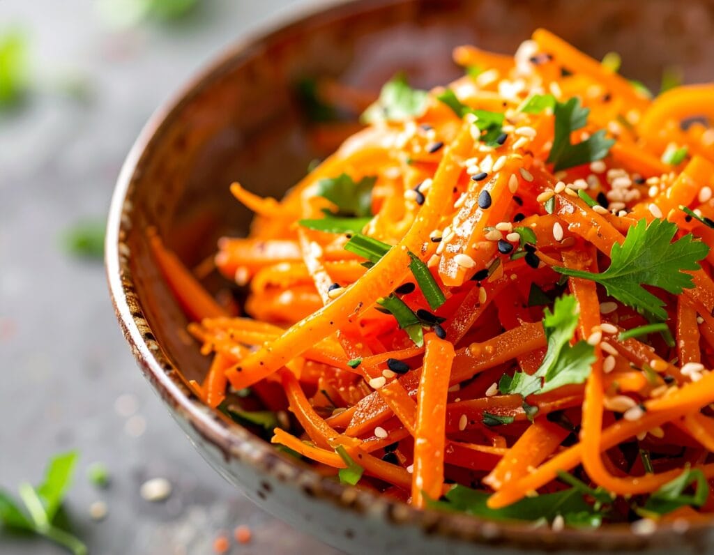 Macro shot of shredded carrots coated in sticky peanut sauce, garnished with sesame seeds and fresh herbs, in a small rustic bowl, bright and colorful food photography