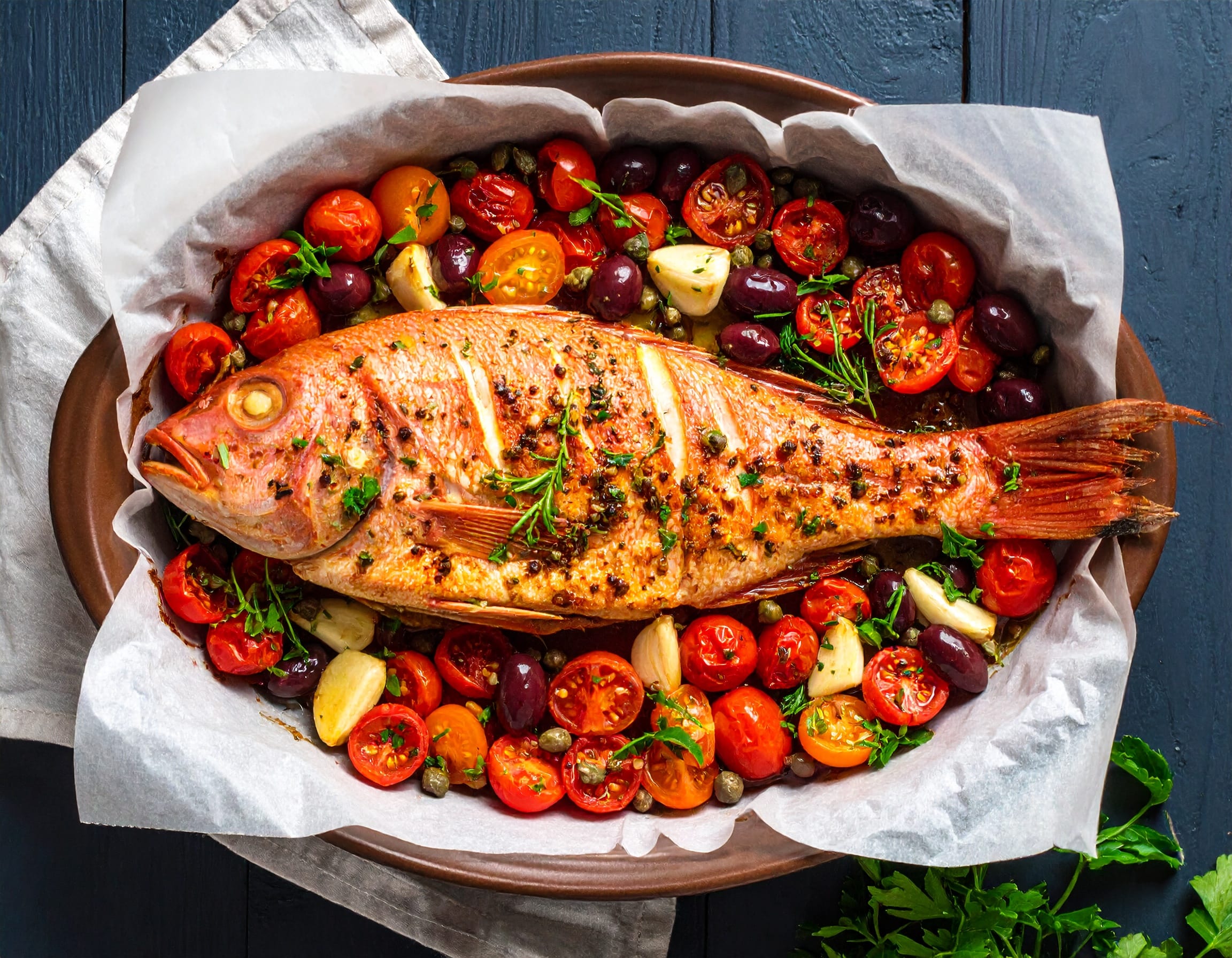Firefly_Oven-baked red snapper fillet surrounded by cherry tomatoes, Kalamata olives, garlic 874942 Oven-baked red snapper topped with cherry tomatoes, Kalamata olives, and garlic in a rustic dish